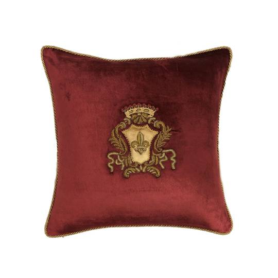 Sanctuary Cushion Cover - Hand Embroidered Velvet Maroon Emblem